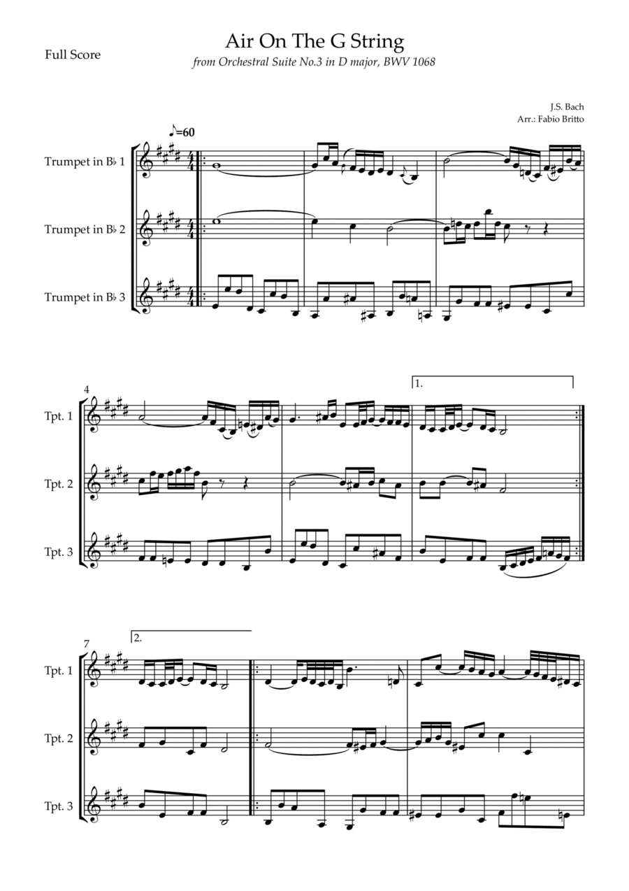 Air On The G String (J.S. Bach) for Trumpet in Bb Trio