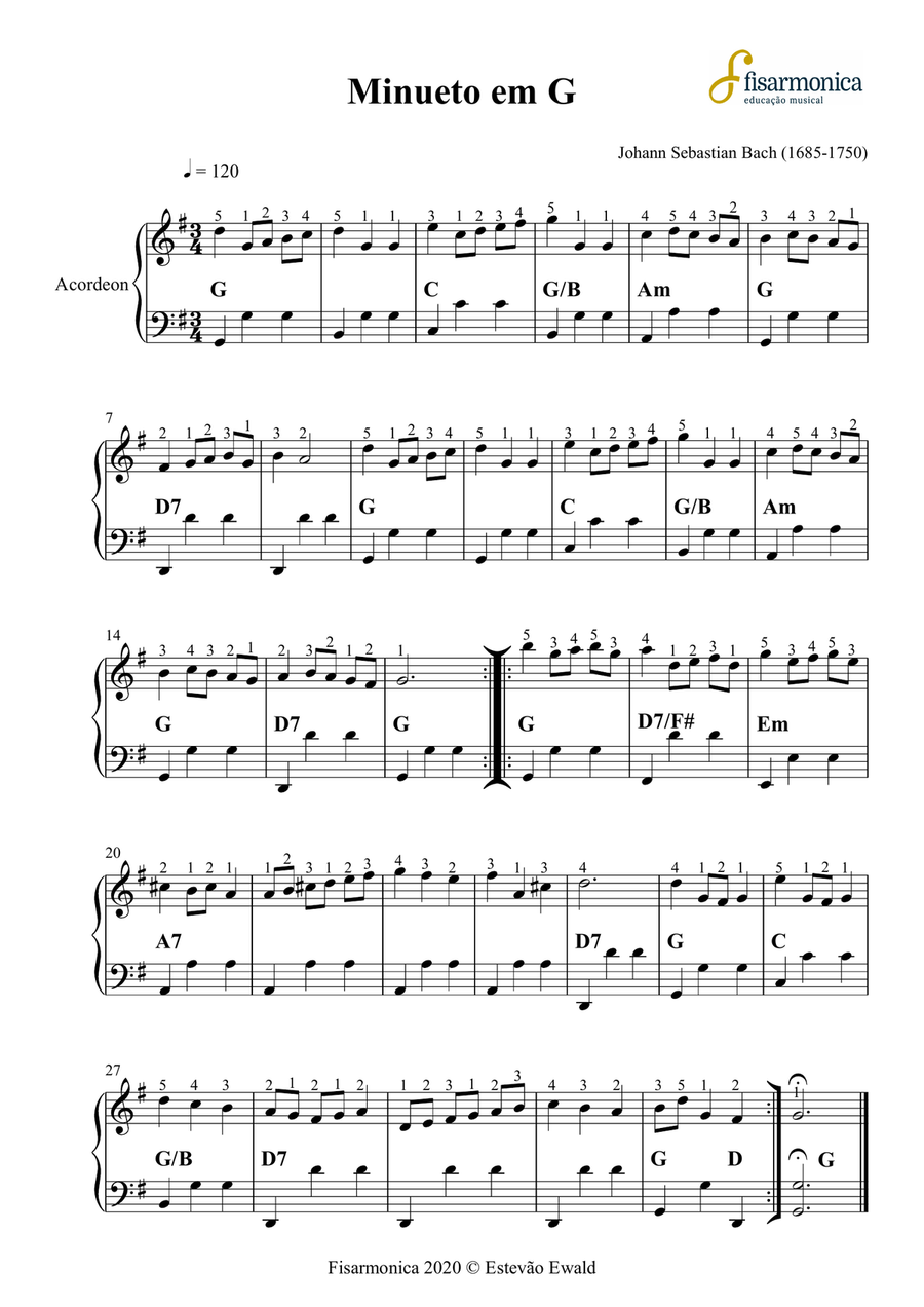 Minueto em G - Bach | Sheet Music for Accordion Piano, Vocal scores gallery preview page 1