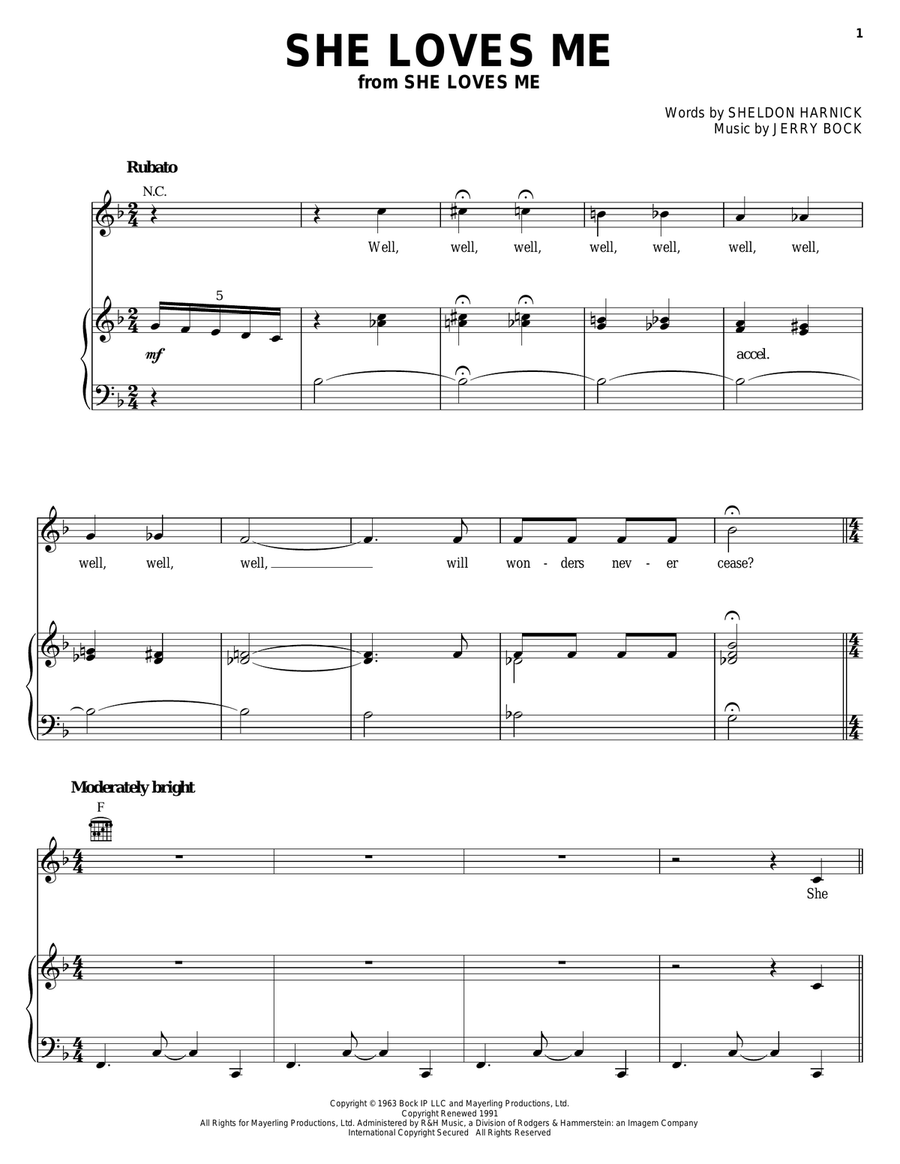 She Loves Me Piano, Vocal, Guitar scores gallery preview page 1