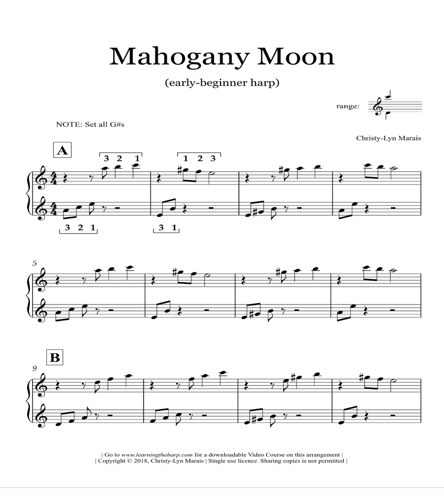 Mahogany Moon Early Beginner for Harp Harp Digital Sheet