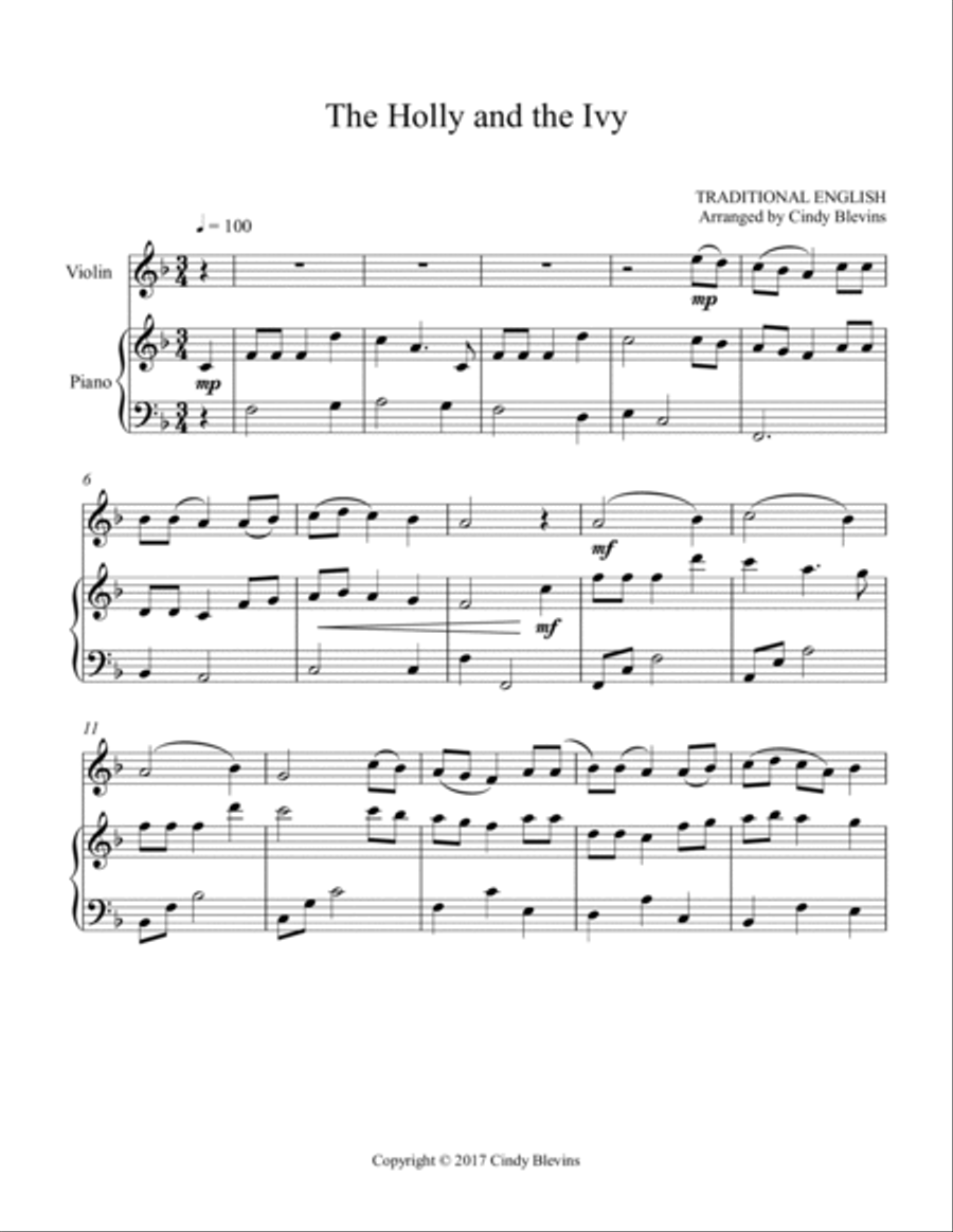 The Holly and the Ivy, for Piano and Violin Violin Solo scores gallery preview page 2
