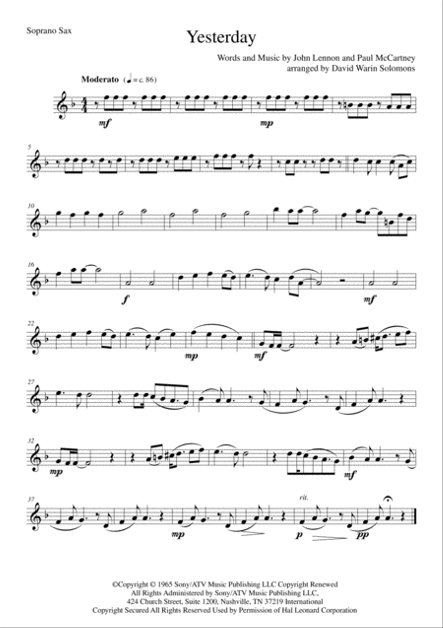 Yesterday Yesterday Tenor Saxophone scores gallery preview page 6
