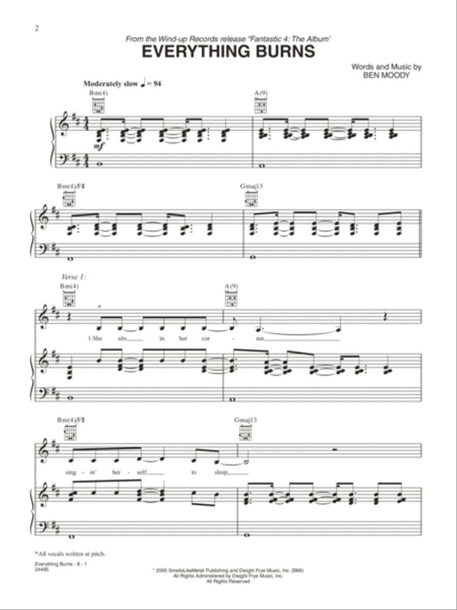 Everything Burns (from The Fantastic 4) Piano, Vocal, Guitar scores gallery preview page 1