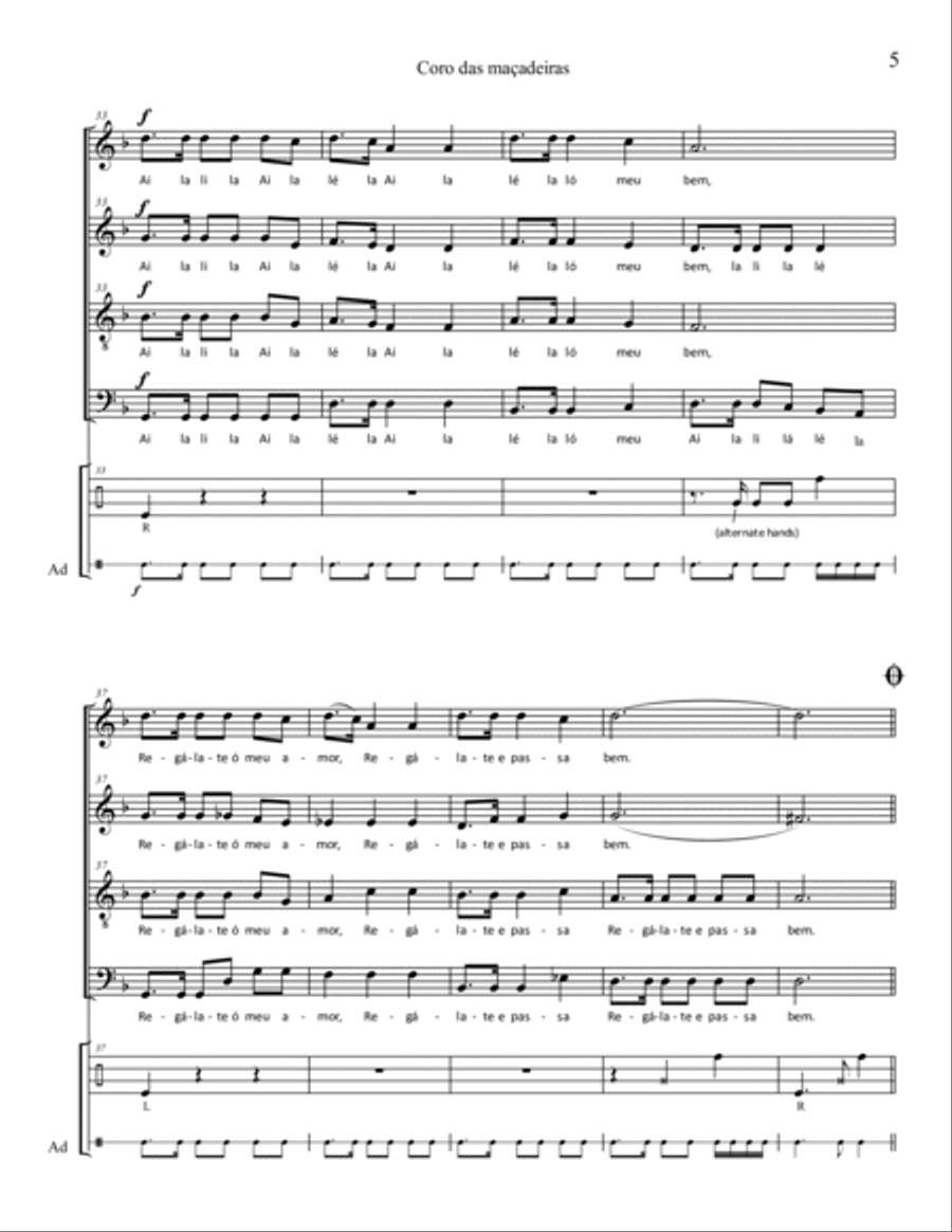 Coro das Maçadeiras (SATB and percussion) - with optional String Orchestra or Brass Quartet 4-Part scores gallery preview page 5