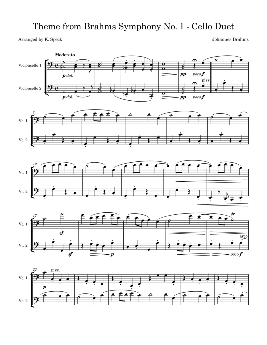 Theme from Brahms Symphony No. 1 - Cello Duet String Duet scores gallery preview page 1