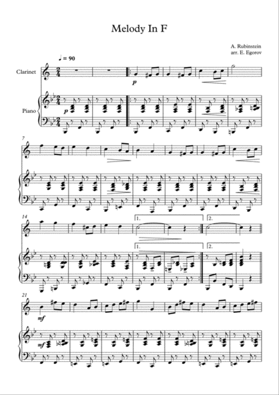 Melody In F, Anton Rubinstein, For Clarinet & Piano Clarinet Solo scores gallery preview page 1