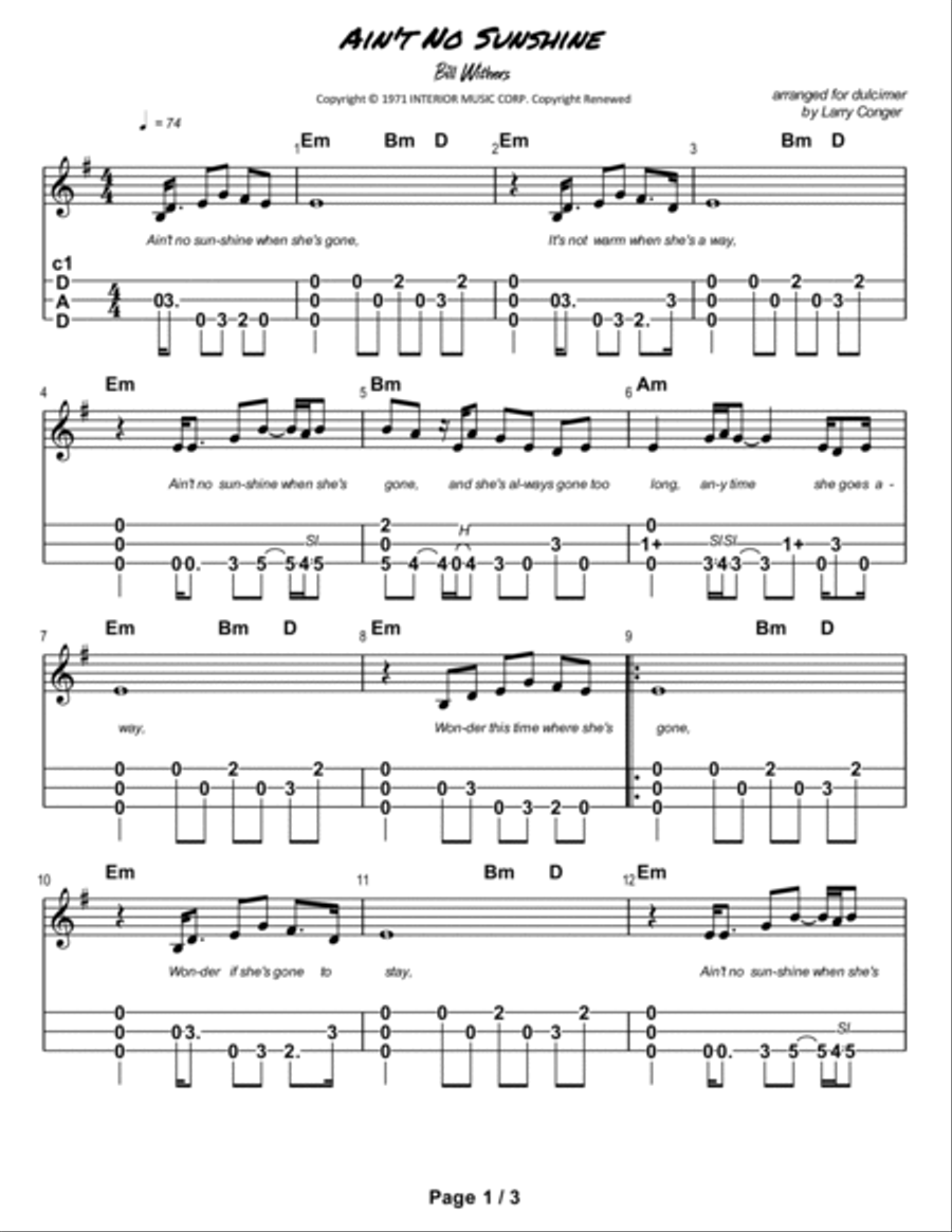 Ain't No Sunshine Dulcimer scores gallery preview page 2