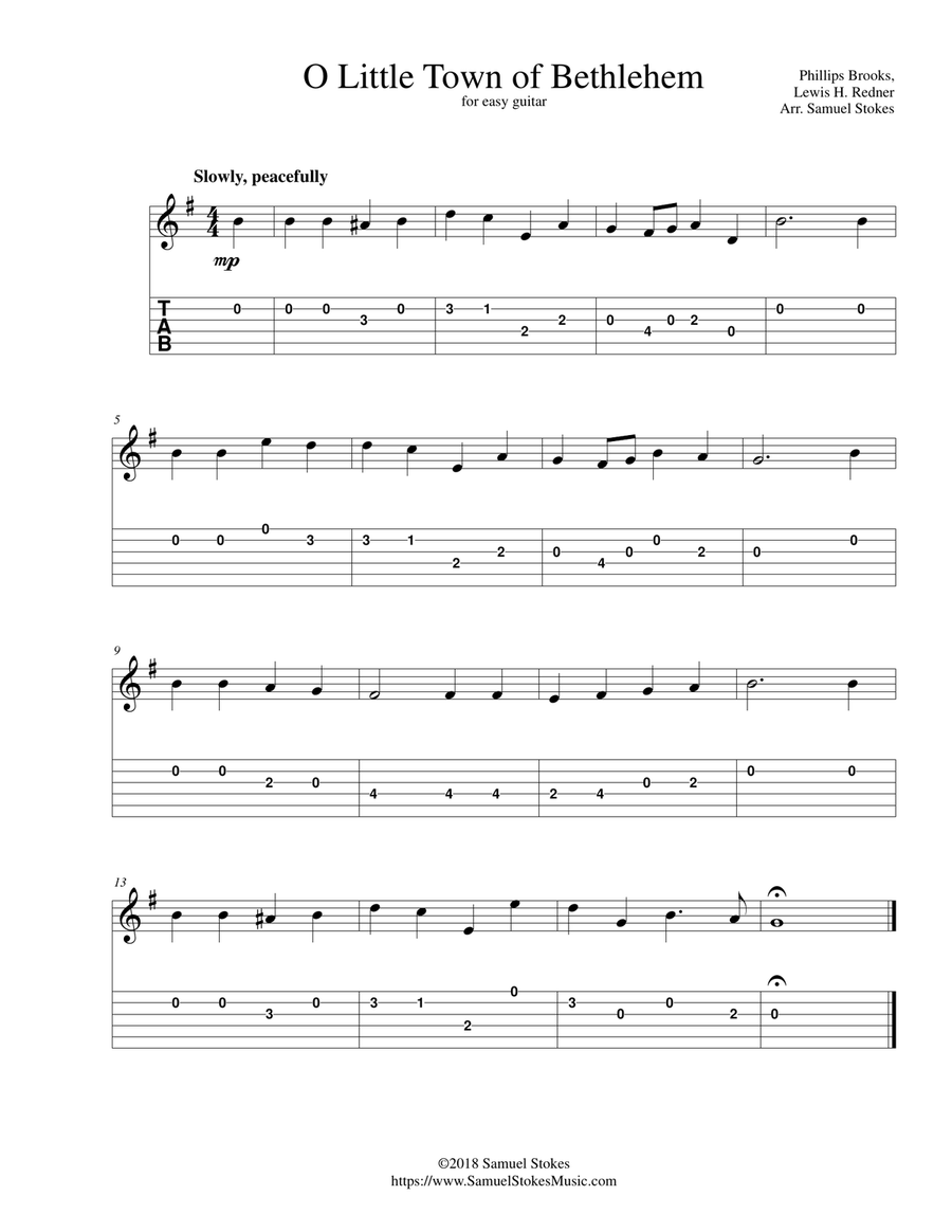 O Little Town of Bethlehem - for easy guitar with TAB Guitar Tablature scores gallery preview page 1