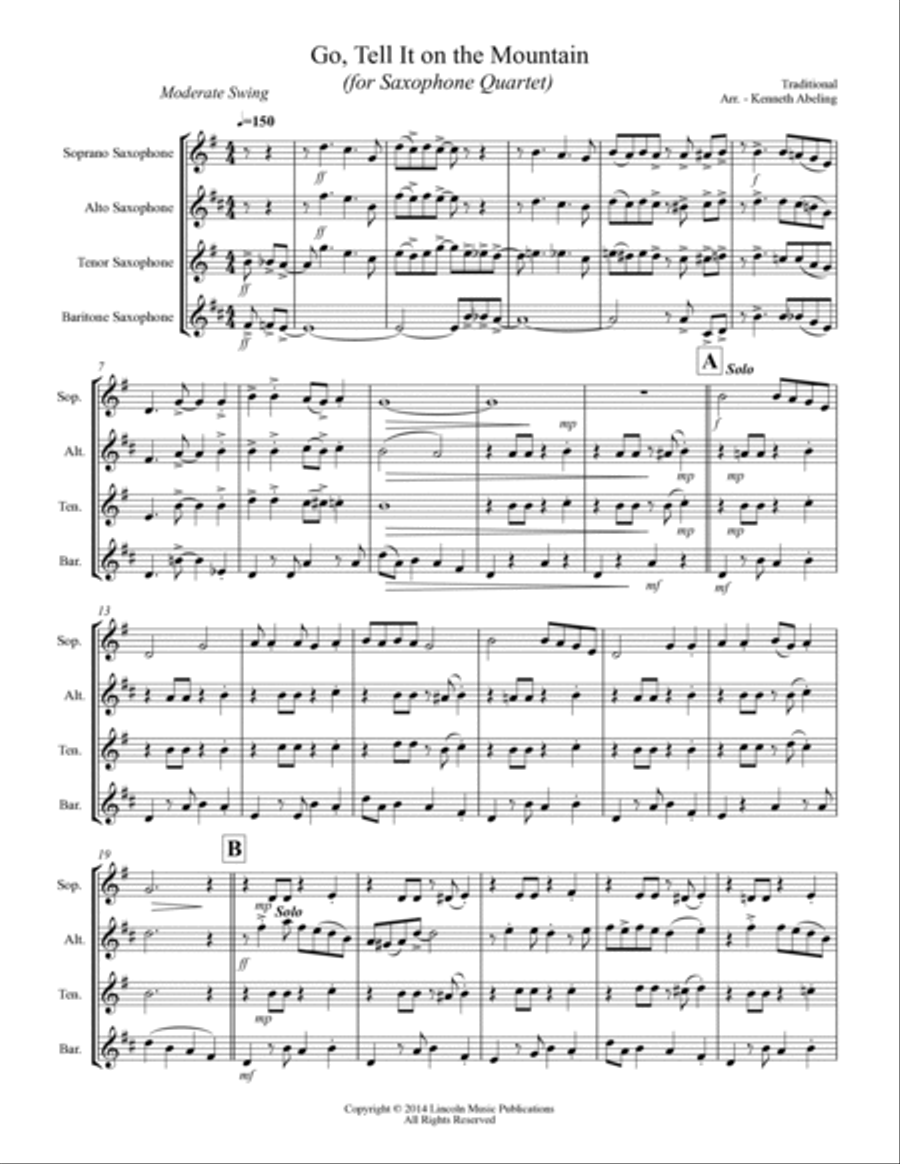 Go Tell it on the Mountain (for Saxophone Quartet SATB or AATB) Saxophone Quartet scores gallery preview page 2