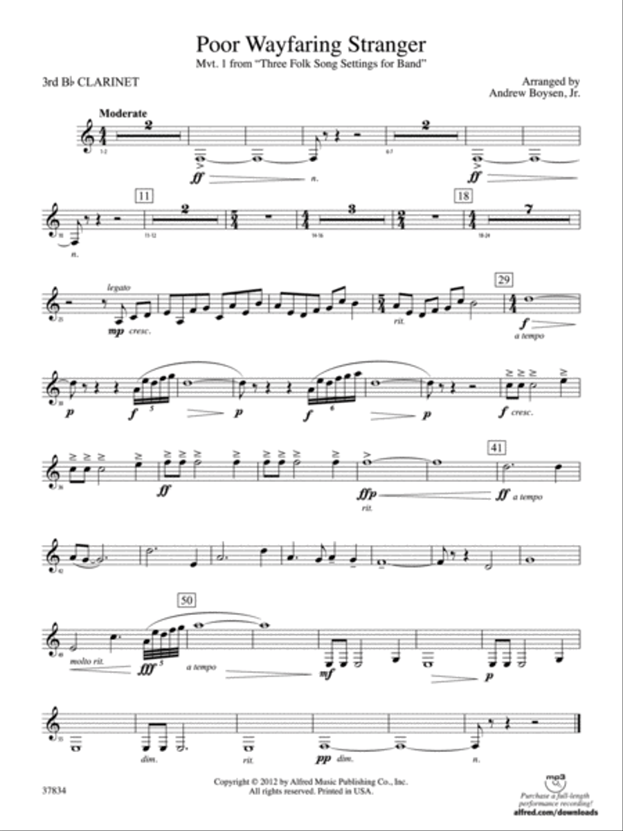 Poor Wayfaring Stranger: 3rd B-flat Clarinet Concert Band scores gallery preview page 1