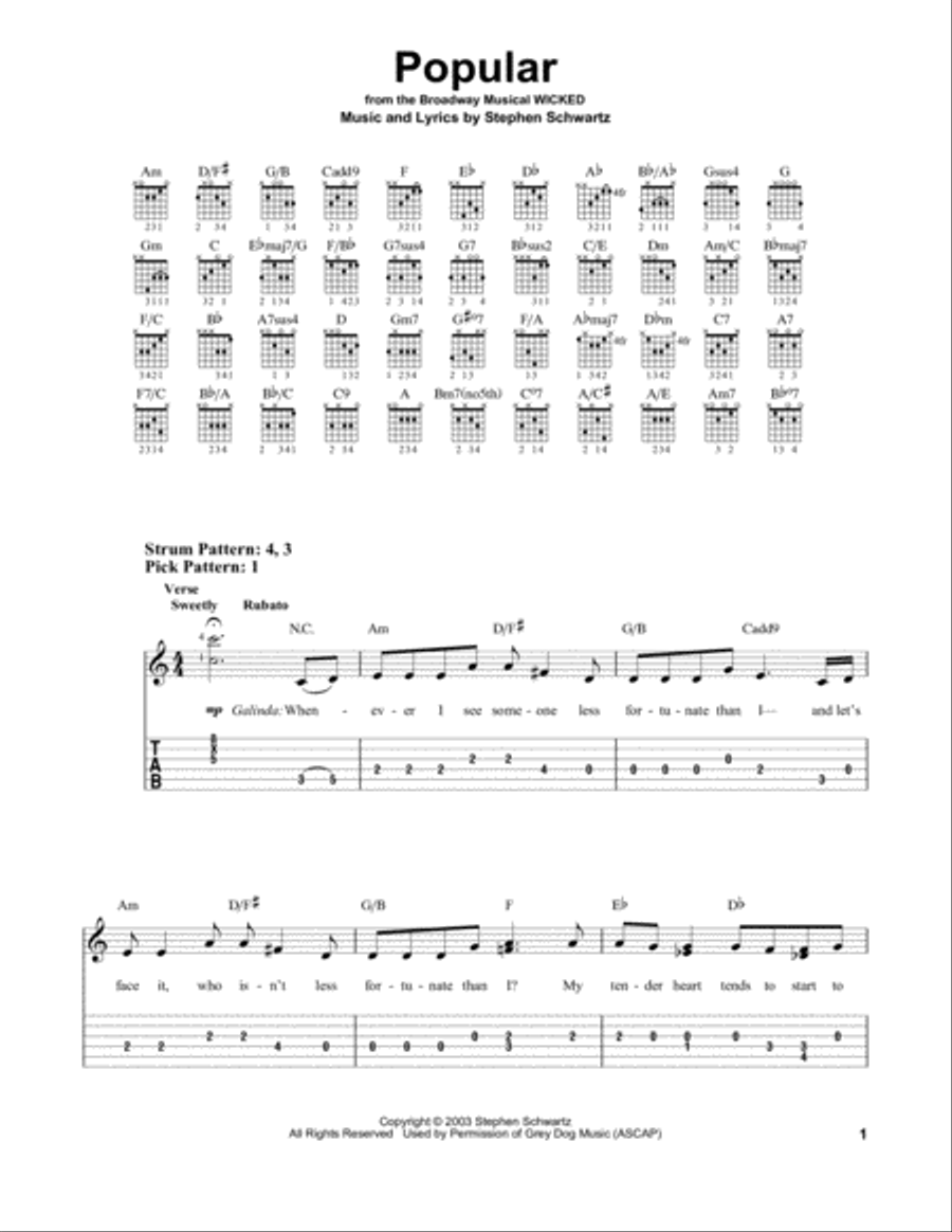 Popular (from Wicked) Guitar Tablature scores gallery preview page 1