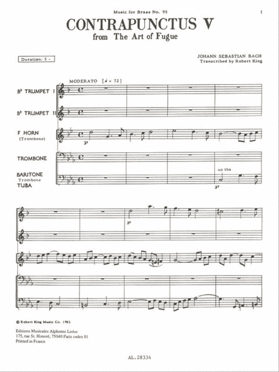 Bach Js King Art Of Fugue Contrapunctus 5 Brass Quintet Mfb095 Sc/pts Brass Quintet scores gallery preview page 2