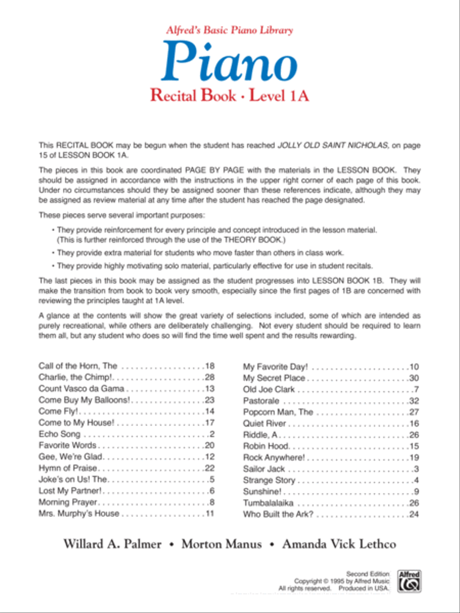 Alfred's Basic Piano Course Recital Book, Level 1A Piano Method scores gallery preview page 2