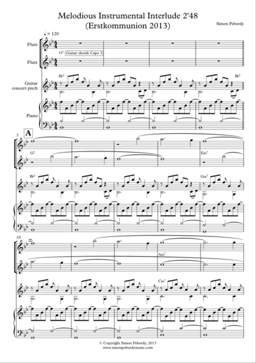 Instrumental Interlude 2'48 for 2 flutes, guitar and/or piano by Simon Peberdy Small Ensemble scores gallery preview page 2