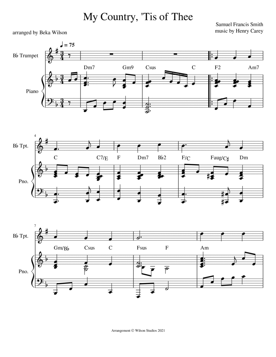 America (My Country 'Tis of Thee)--trumpet solo Trumpet Solo scores gallery preview page 1