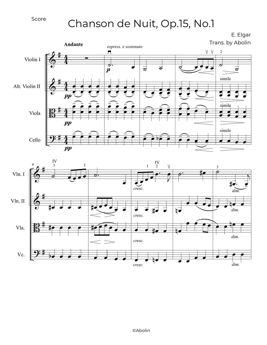 Elgar: Chanson de Nuit - String Trio, or 2 Violins and Cello String Trio scores gallery preview page 2