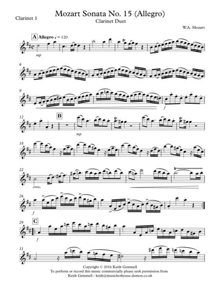 Mozart Sonata No.15 (Allegro): Clarinet Duet image number null