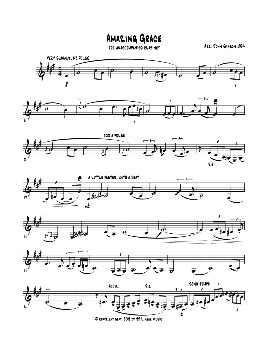 Amazing Grace - Jazzy version for clarinet alone B-Flat Clarinet scores gallery preview page 1