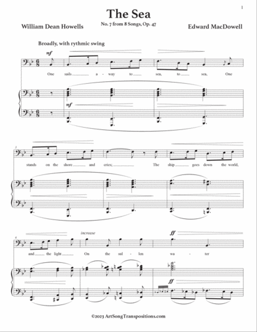 MACDOWELL: The Sea (transposed to B-flat major, bass clef) Voice scores gallery preview page 2