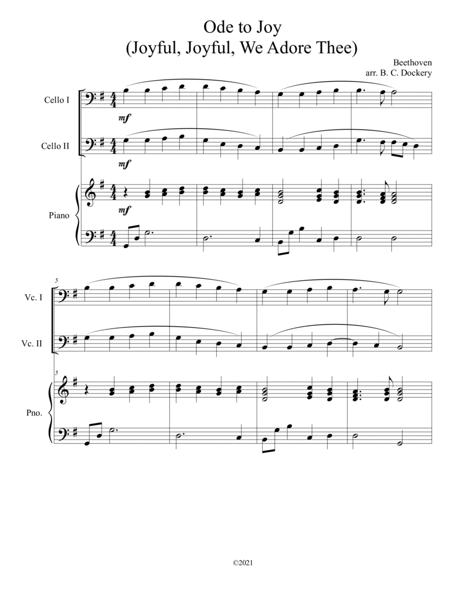 Ode to Joy (Joyful, Joyful, We Adore Thee) for cello duet with piano accompaniment image number null