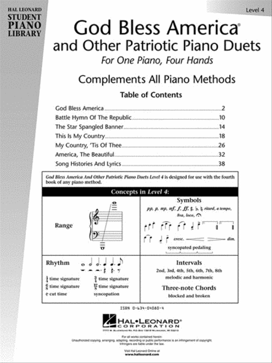 God Bless America and Other Patriotic Piano Duets – Level 4 Piano Method scores gallery preview page 2
