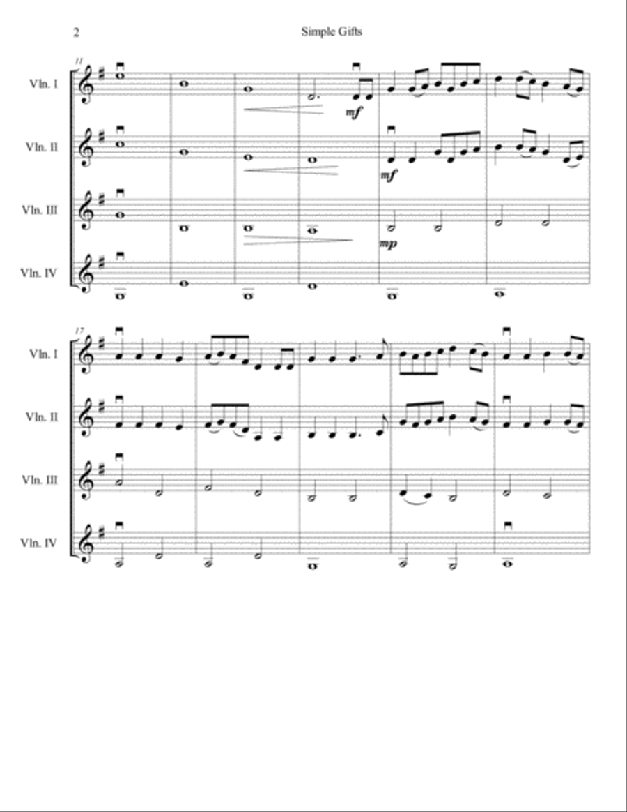 Simple Gifts for Violin Quartet Violin Solo scores gallery preview page 2