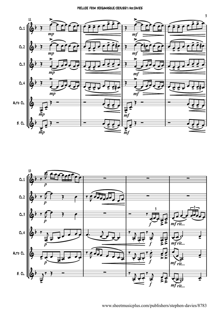 'Prelude From Suite Bergamasque' by Claude Debussy arranged for Clarinet Sextet. 'Prelude From Suite Bergamasque' by Claude Debussy arranged for Clarinet Sextet. Small Ensemble scores gallery preview page 3
