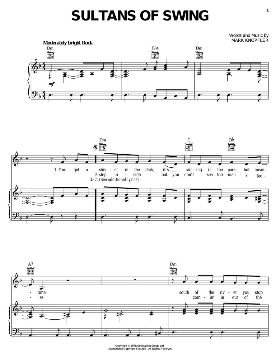 Sultans Of Swing Piano, Vocal, Guitar scores gallery preview page 1