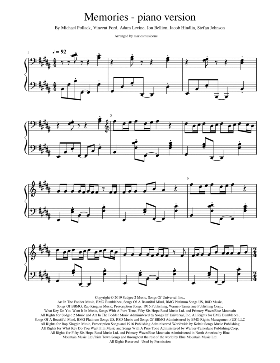 Memories Piano Solo scores gallery preview page 1