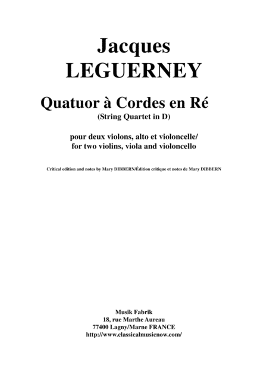 Jacques Leguerney: String Quartet in D for two violins, viola and cello String Quartet scores gallery preview page 1