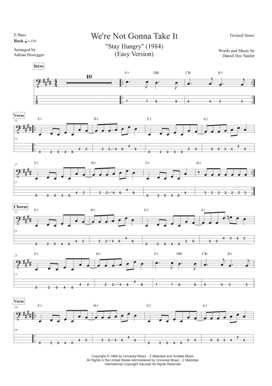 We're Not Gonna Take It Bass Guitar scores gallery preview page 1