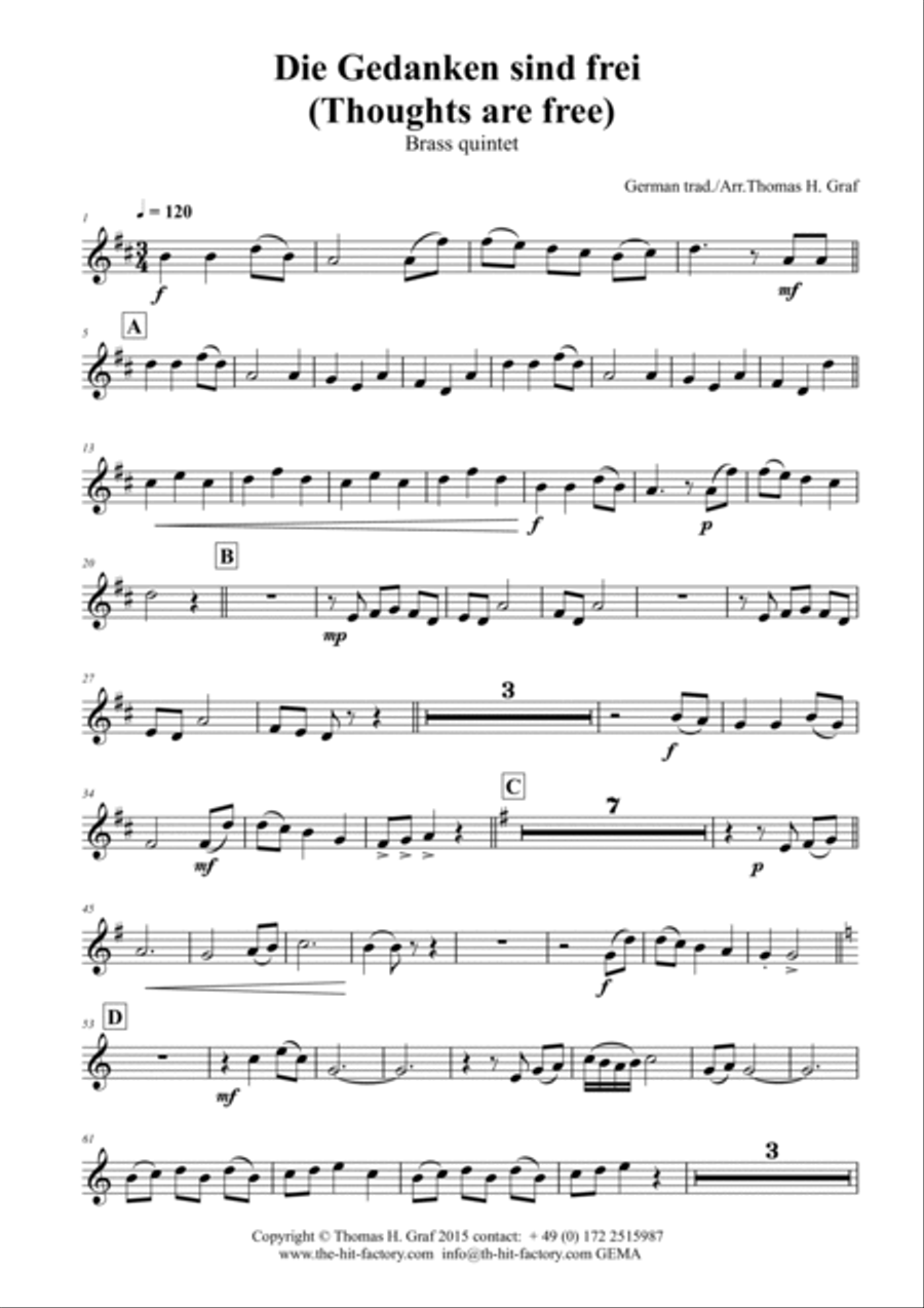 Die Gedanken sind frei - (Thoughts are free) - German Folk Song - Brass Quintet Brass Quintet scores gallery preview page 5
