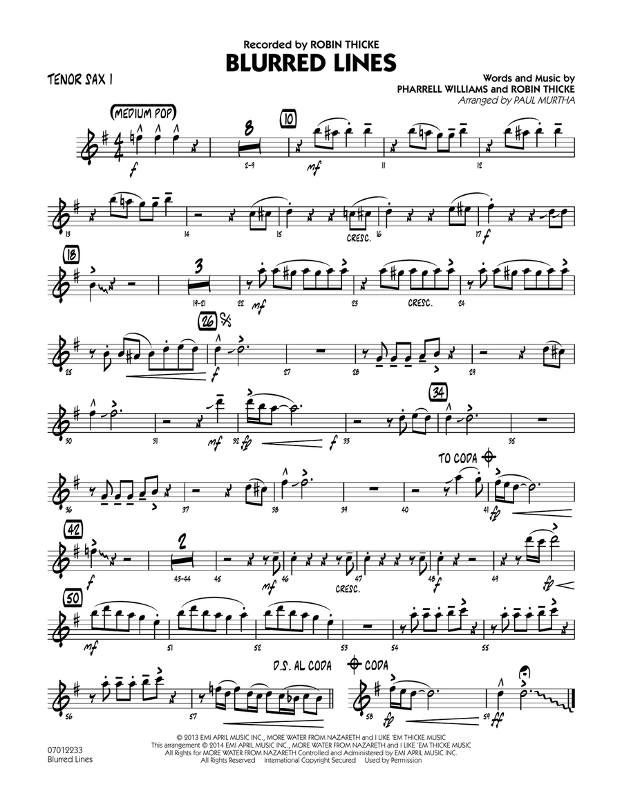Blurred Lines - Tenor Sax 1 Jazz Ensemble scores gallery preview page 1