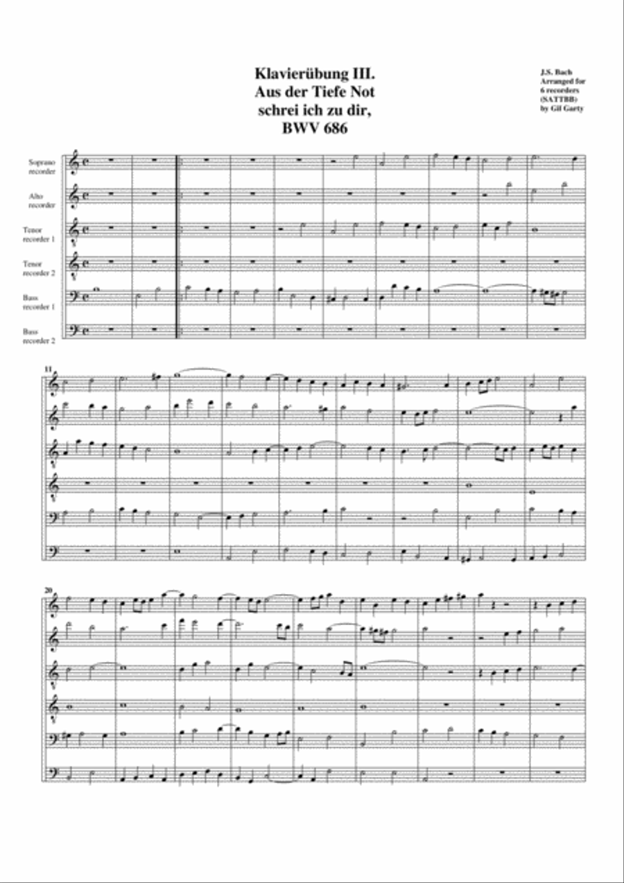Aus der Tiefe Not schrei ich zu dir from Klavieruebung III, BWV 686 (arrangement for 6 recorders) Recorder scores gallery preview page 1