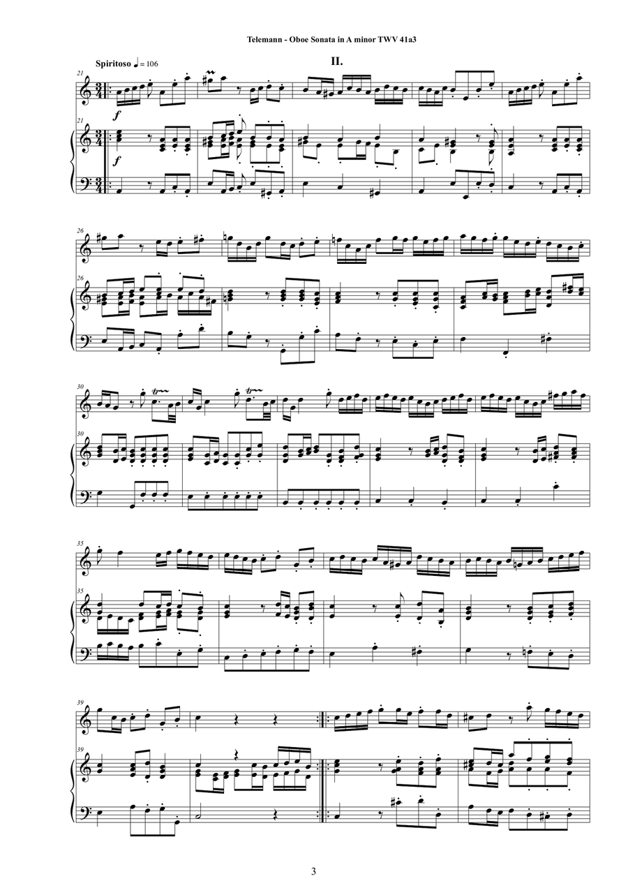 Telemann - Oboe Sonata in A minor TWV 41a3 for Oboe and Cembalo (or Piano) Harpsichord scores gallery preview page 3