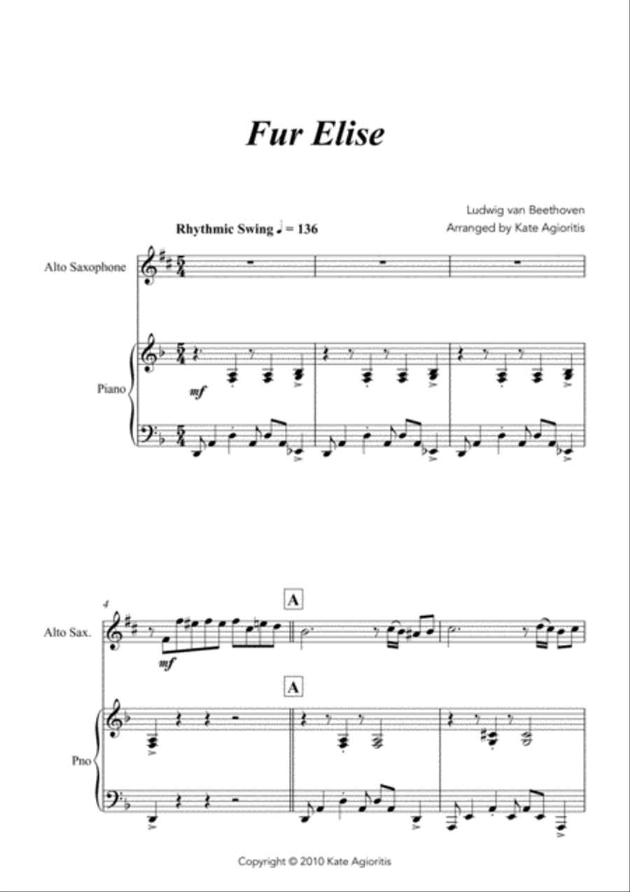 Fur Elise - a Jazz Arrangement for Alto Saxophone and Piano Fur Elise - a Jazz Arrangement for Alto Saxophone and Piano Alto Saxophone scores gallery preview page 3