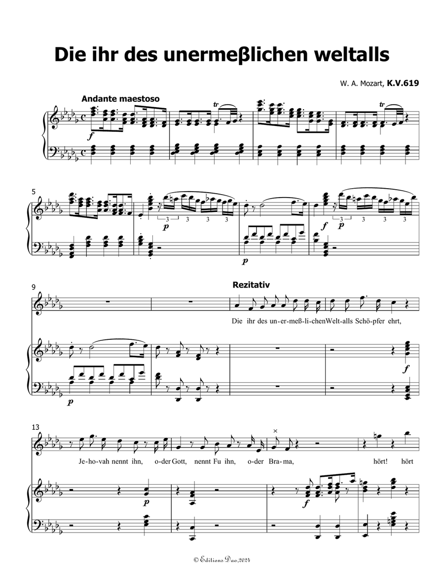 Die ihr des unermeβlichen weltalls, by Mozart, K.V.619, in D flat Major Piano, Vocal scores gallery preview page 3