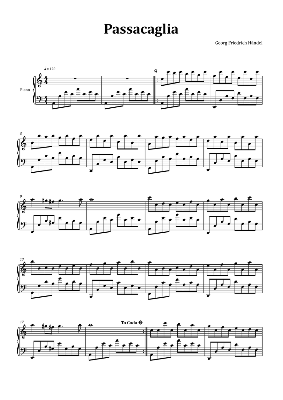 Passacaglia by Handel/Halvorsen - Piano by George Frideric Handel Piano Method - Digital Sheet Music