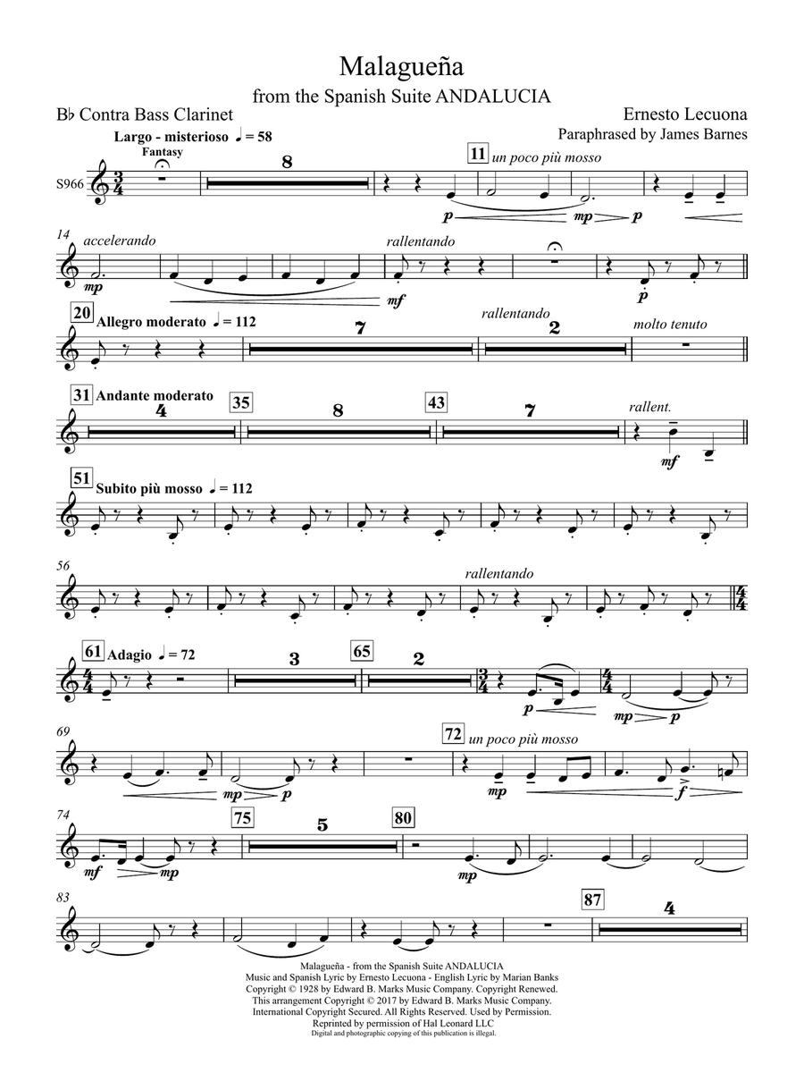 Malagueña (from Andalucia) (arr. James Barnes) - Bb Contra Bass Clarinet Concert Band scores gallery preview page 1
