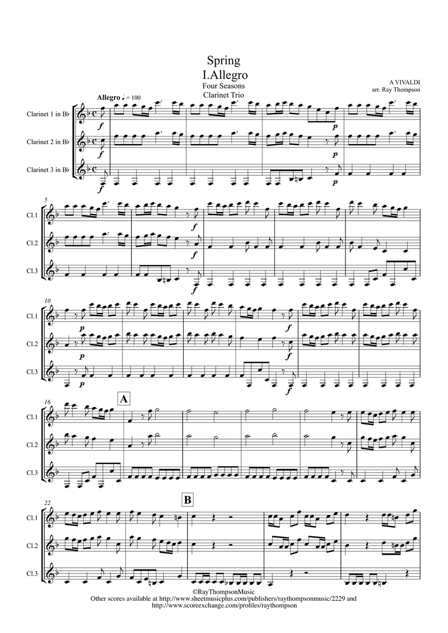Vivaldi: The Four Seasons (Le quattro stagioni): Concerto No. 1 in E major, Op. 8, RV 269 Spring Clarinet Trio scores gallery preview page 1