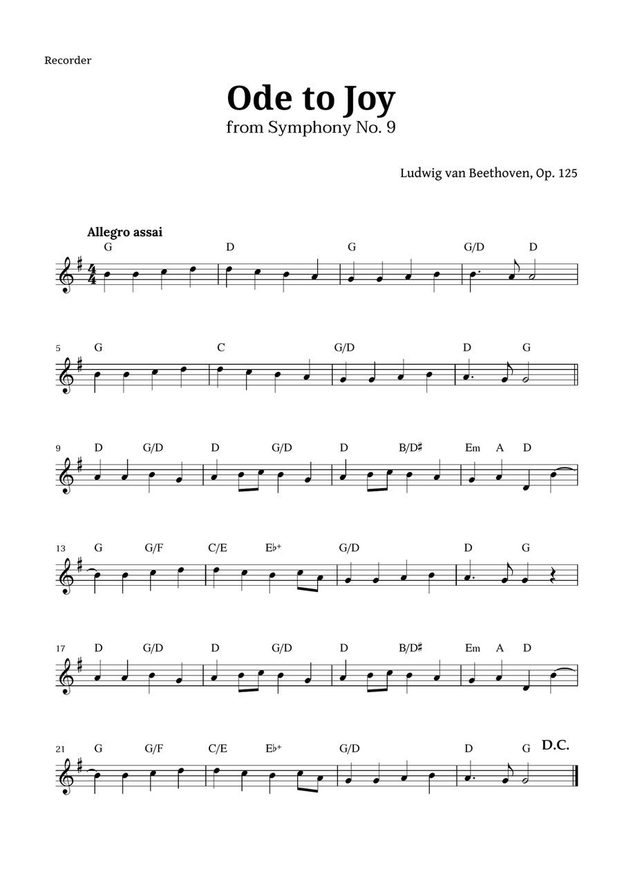 Ode to Joy by Beethoven for Recorder with Chords Soprano Recorder scores gallery preview page 1