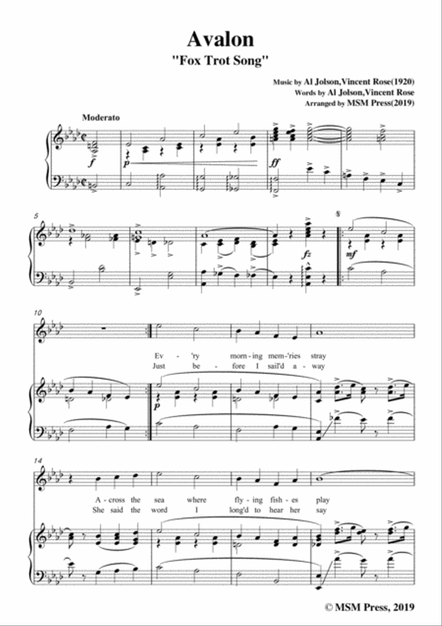 Al Jolson,Vincent Rose-Avalon,in A flat Majo,for Voice&Piano Voice scores gallery preview page 3