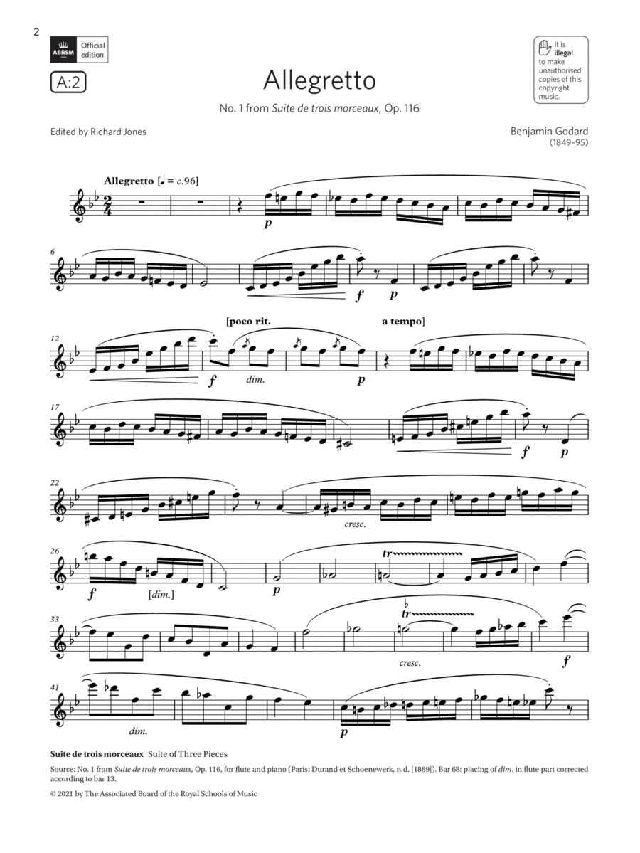 Allegretto (from Suite de trois morceaux) (Grade 6 List A2 from the ABRSM Flute syllabus from 2022) Flute Solo scores gallery preview page 1