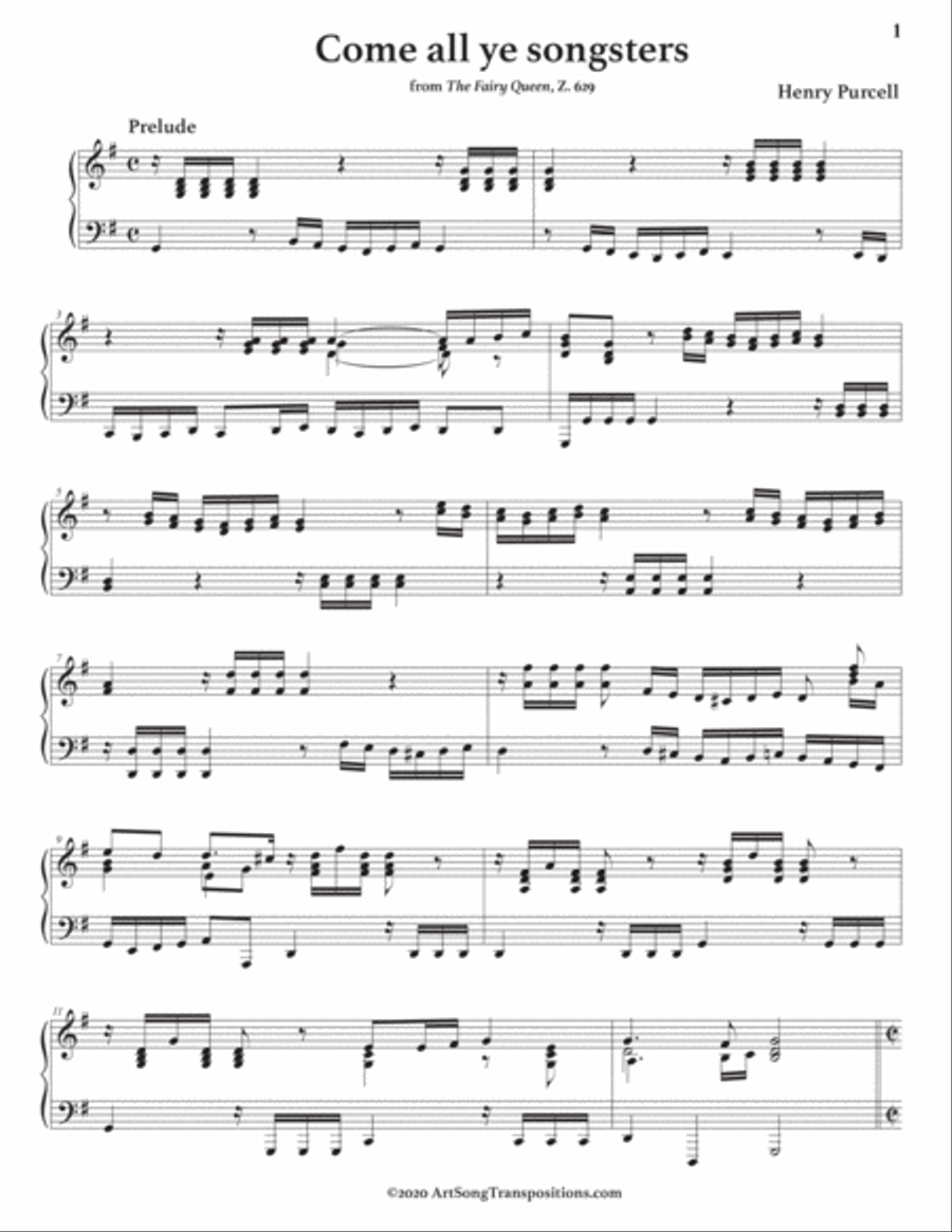 PURCELL: Come all ye songsters (transposed to G major) Voice scores gallery preview page 2