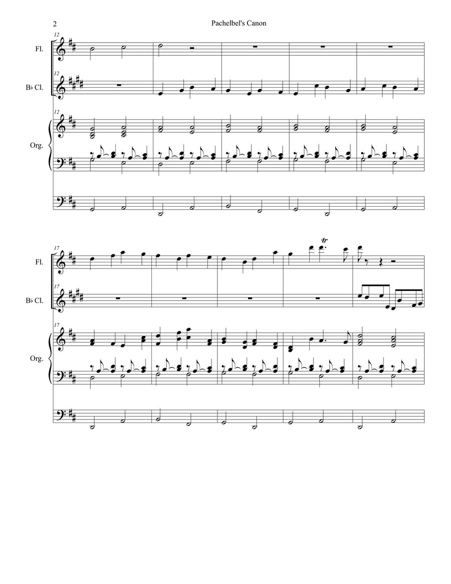 Pachelbel's Canon (Wedding Arrangement: Duet for Flute and Bb-Clarinet with Organ Accompaniment) Woodwind Duet scores gallery preview page 3