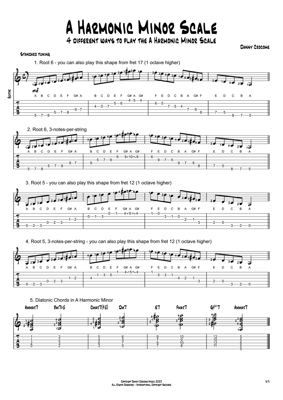 A Harmonic Minor Scale (4 Ways to Play) Electric Guitar scores gallery preview page 1