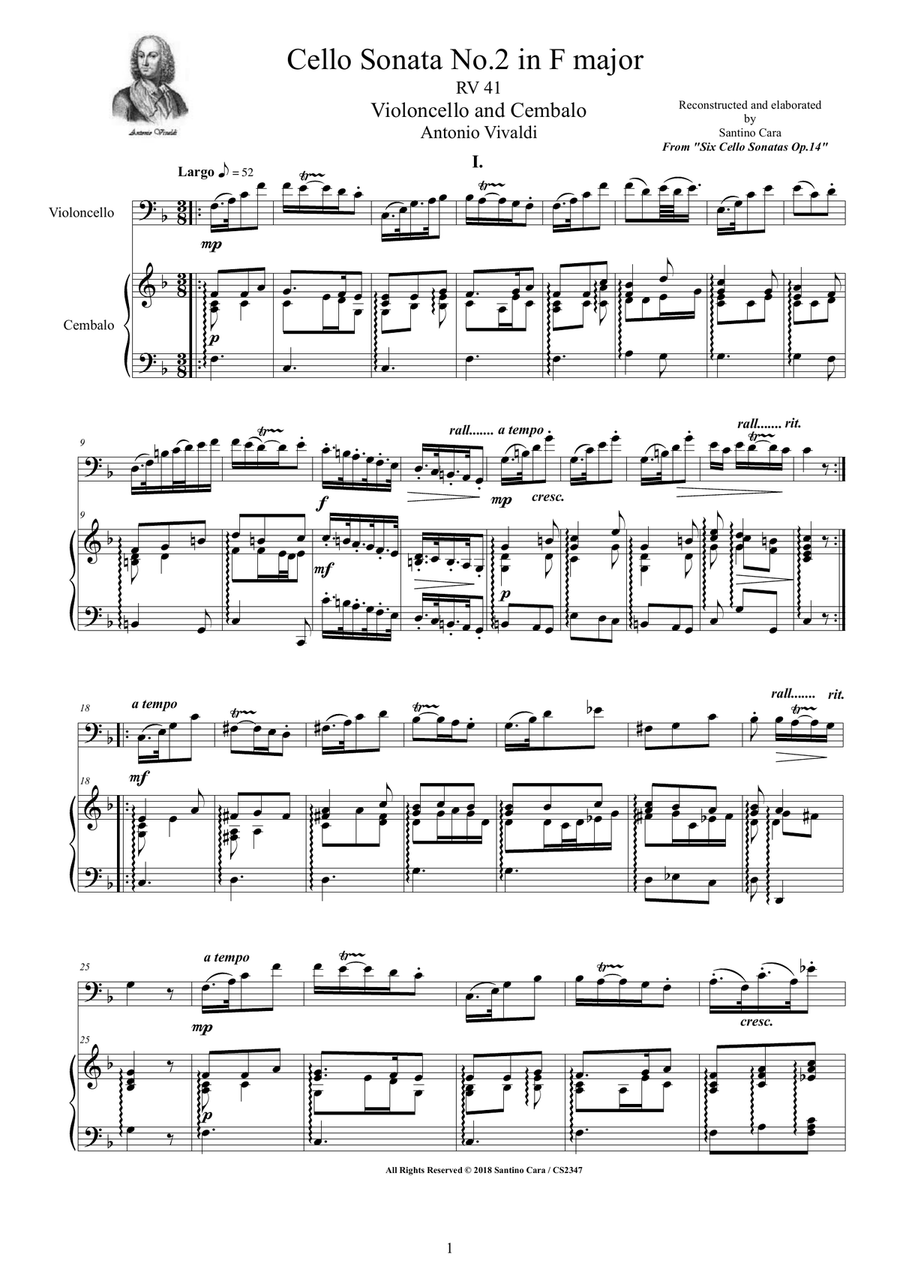 Vivaldi - Cello Sonata No.2 in F major Op.14 RV 41 for Cello and Cembalo (or Piano) String Duet scores gallery preview page 1