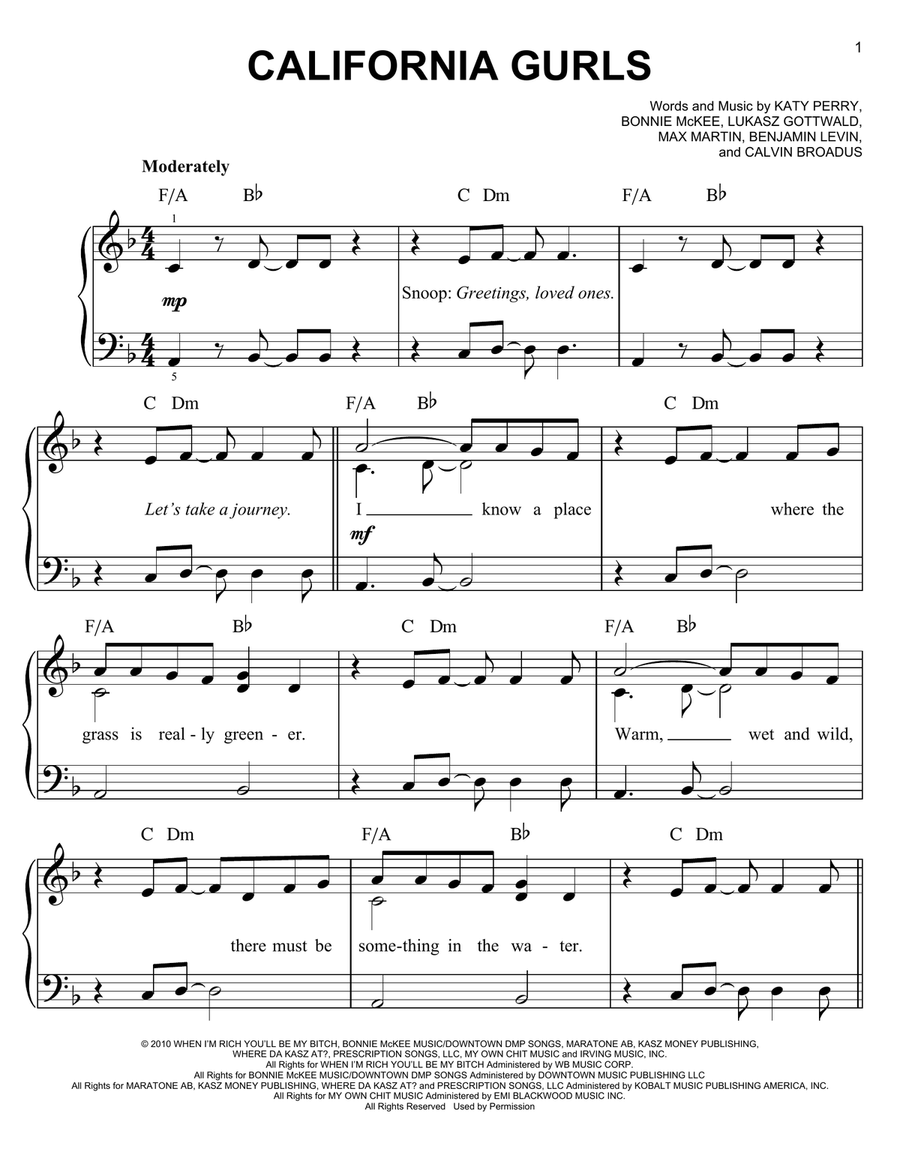 California Gurls California Gurls Easy Piano scores gallery preview page 1