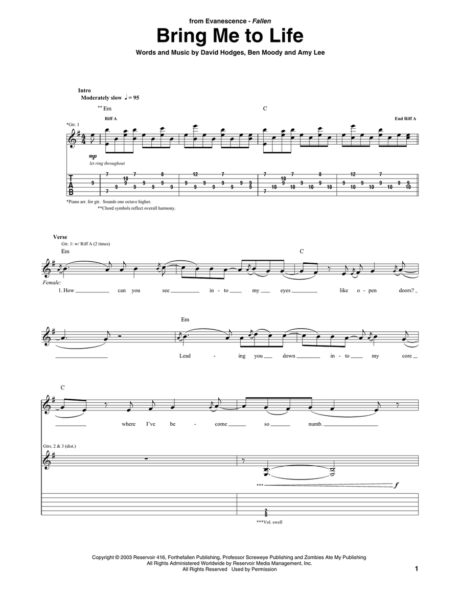 Bring Me To Life Acoustic Guitar scores gallery preview page 1
