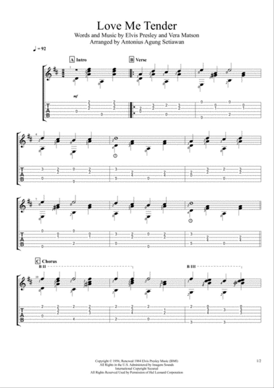 Love Me Tender Guitar Tablature scores gallery preview page 1